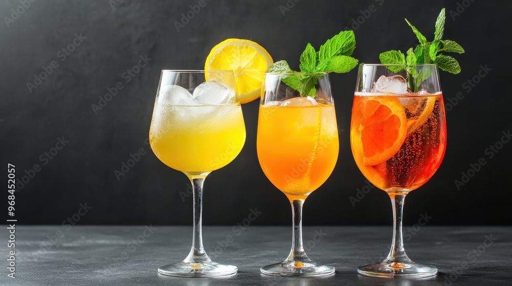 Three Glasses of Orange Cocktails with Lemon and Mint Garnish on Black Background Three Glasses of Orange Cocktails with Lemon and Mint Garnish on Black Background