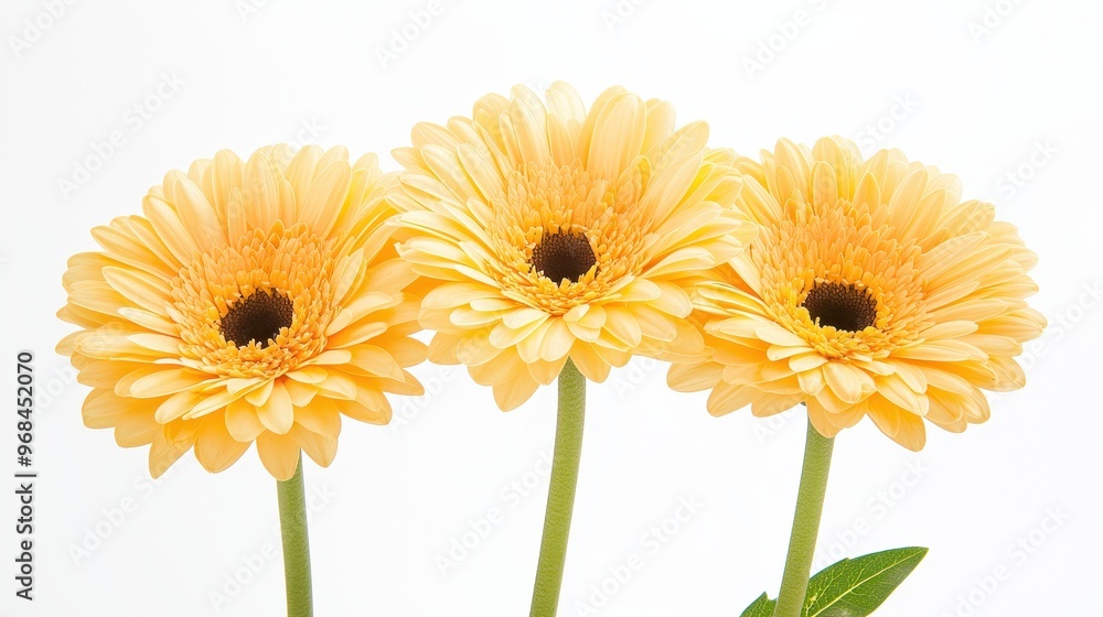 Three Yellow Gerber Daisies on White Background