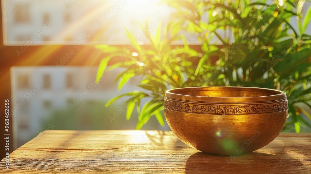 Golden Singing Bowl on Wooden Table with Green Plants in the Background Golden Singing Bowl on Wooden Table with Green Plants in the Background