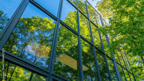 A modern office building with green trees reflected