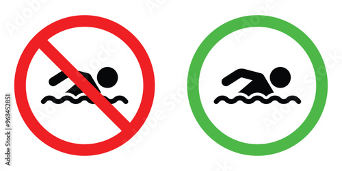 Swimming area and no swimming signs in red and green colors. Swim zone and swimming not allowed vector icon. Prohibition stop sign