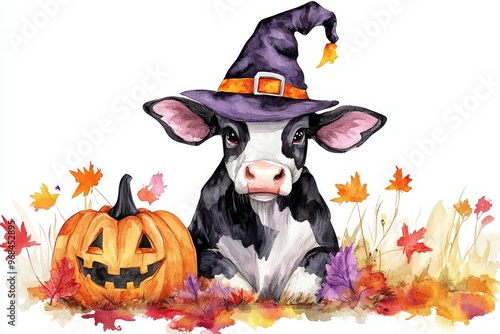 A cute watercolor illustration of a cow wearing a witch hat with a jack-o-lantern, symbolizing Halloween, autumn, farm animals, magic, and festivity. photo