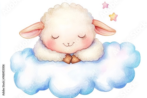 A cute watercolor illustration of a little sheep sleeping peacefully on a fluffy cloud. The sheep has its eyes closed and is smiling, surrounded by twinkling stars, symbolizing dreams, peace, and inno photo