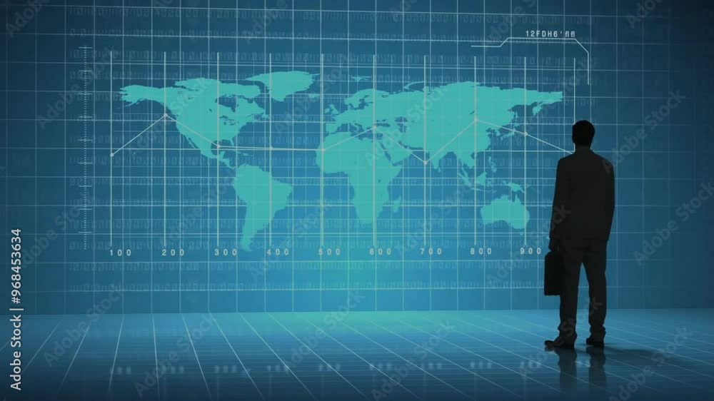 Animation of financial data processing over world map and businessman Animation of financial data processing over world map and businessman