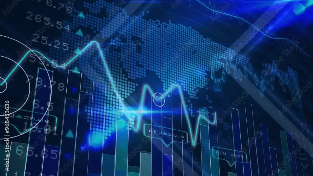 Animation of financial data processing over world map Animation of financial data processing over world map
