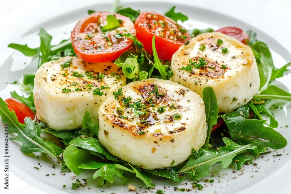 A delicious and simple salad featuring warm goat cheese, fresh arugula, and juicy tomatoes. The goat cheese is pan-seared for a crispy exterior and creamy interior. This salad is perfect for a light A delicious and simple salad featuring warm goat cheese, fresh arugula, and juicy tomatoes. The goat cheese is pan-seared for a crispy exterior and creamy interior. This salad is perfect for a light