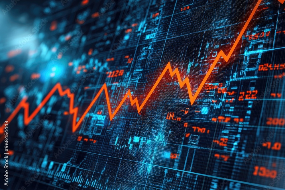 Abstract digital stock chart with rising trend line, showcasing data analysis and financial growth in a modern design. Abstract digital stock chart with rising trend line, showcasing data analysis and financial growth in a modern design.