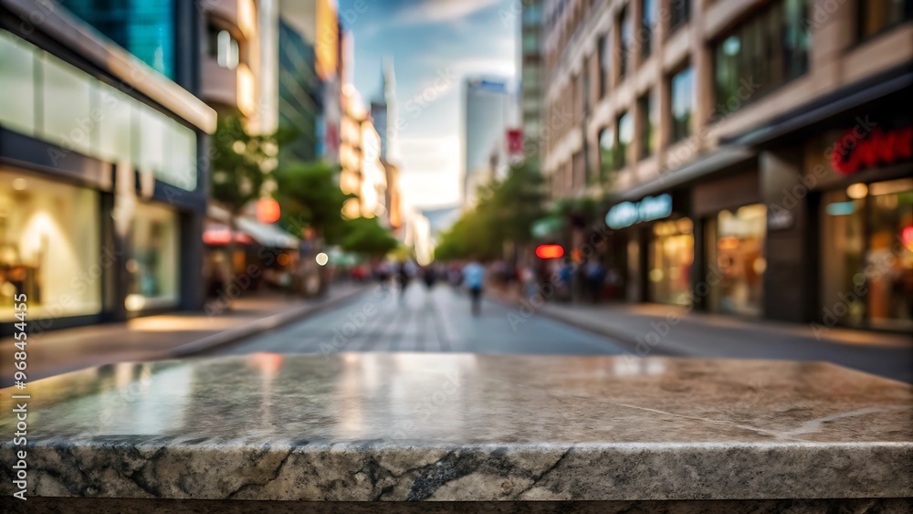 Empty stone or marble tabletop or counter with display product with blured city, town, outdoor background. Display product background concept. Empty stone or marble tabletop or counter with display product with blured city, town, outdoor background. Display product background concept.