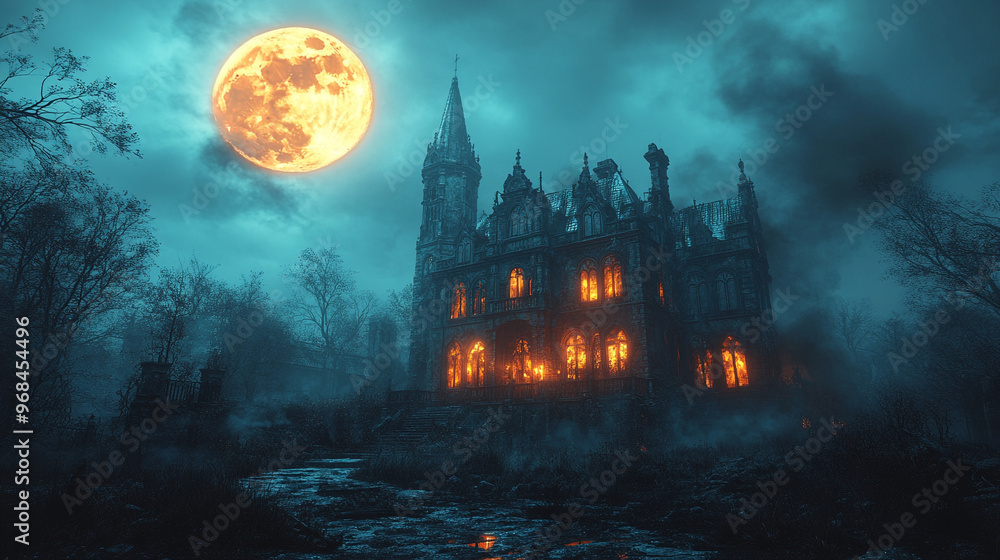 A haunting scene featuring a spooky mansion illuminated by the full moon, surrounded by eerie trees and fog. A haunting scene featuring a spooky mansion illuminated by the full moon, surrounded by eerie trees and fog.