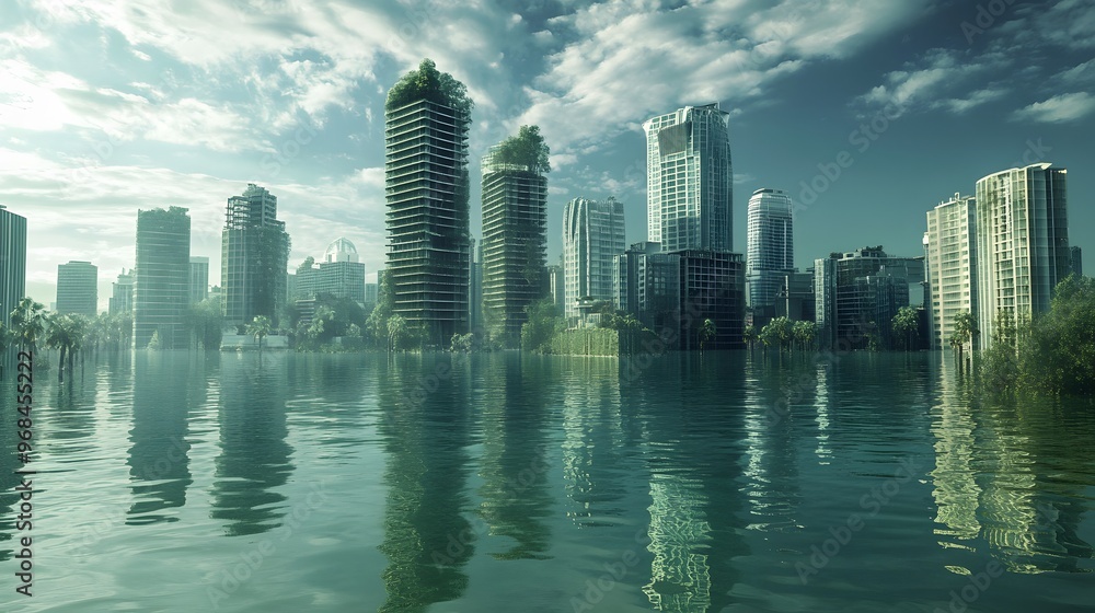 Fototapeta premium A futuristic city submerged in water, a consequence of the greenhouse effect causing dangerous sea-level rise