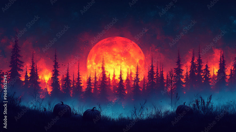 A stunning night scene with a fiery moon illuminating dark forests and pumpkins, creating a haunting atmosphere. A stunning night scene with a fiery moon illuminating dark forests and pumpkins, creating a haunting atmosphere.