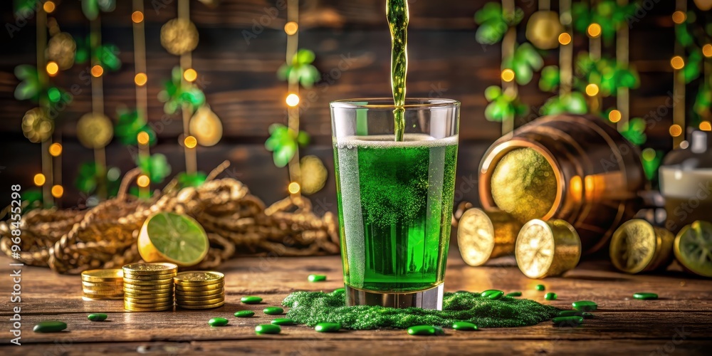 Liquefied gold pouring into a glass surrounded by Saint Patrick's Day decorations , gold, festive, celebration Liquefied gold pouring into a glass surrounded by Saint Patrick's Day decorations , gold, festive, celebration