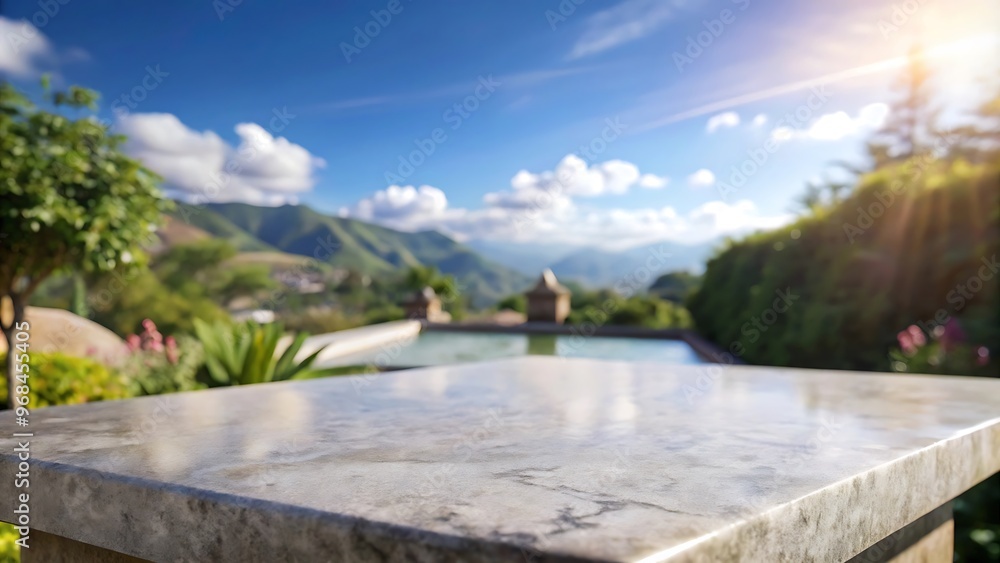 Fototapeta premium Empty stone or marble tabletop or counter with display product with blured city, town, outdoor background. Display product background concept.