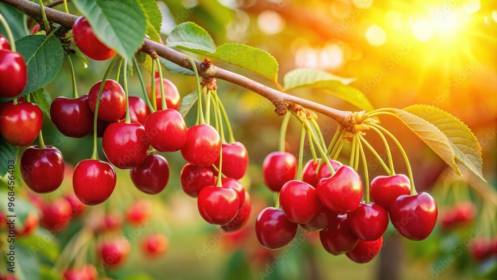 Red ripe cherry fruits on branch in the orchard at dawn, cherry, fruits, branch, orchard, ripe, red, harvest Red ripe cherry fruits on branch in the orchard at dawn, cherry, fruits, branch, orchard, ripe, red, harvest
