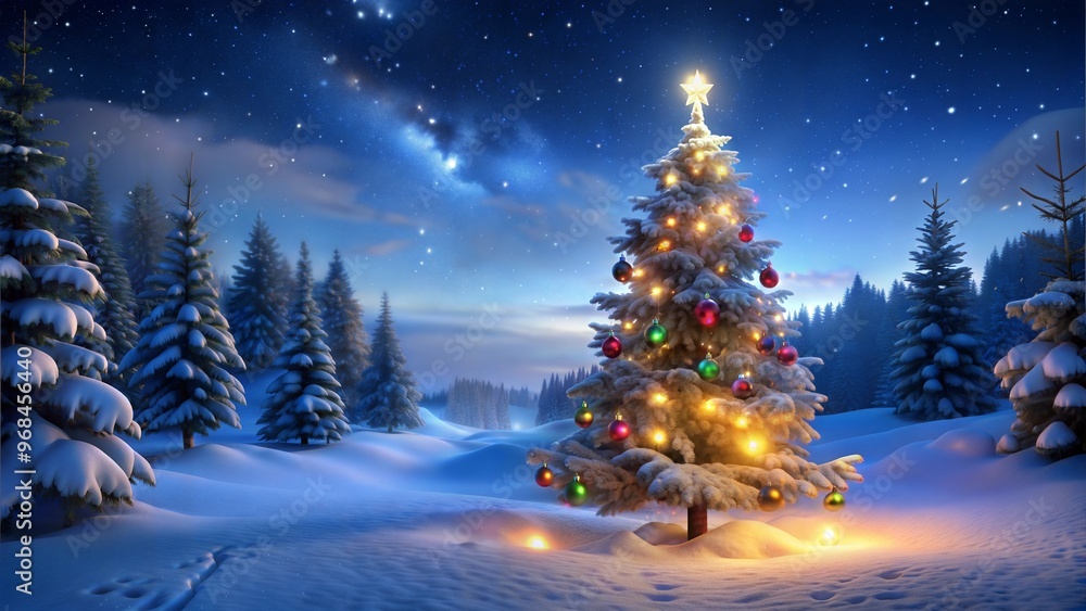 Winter Christmas card with snow-covered pine trees, fir trees and garlands with twinkling lights against a starry night sky for greetings and invitations Winter Christmas card with snow-covered pine trees, fir trees and garlands with twinkling lights against a starry night sky for greetings and invitations