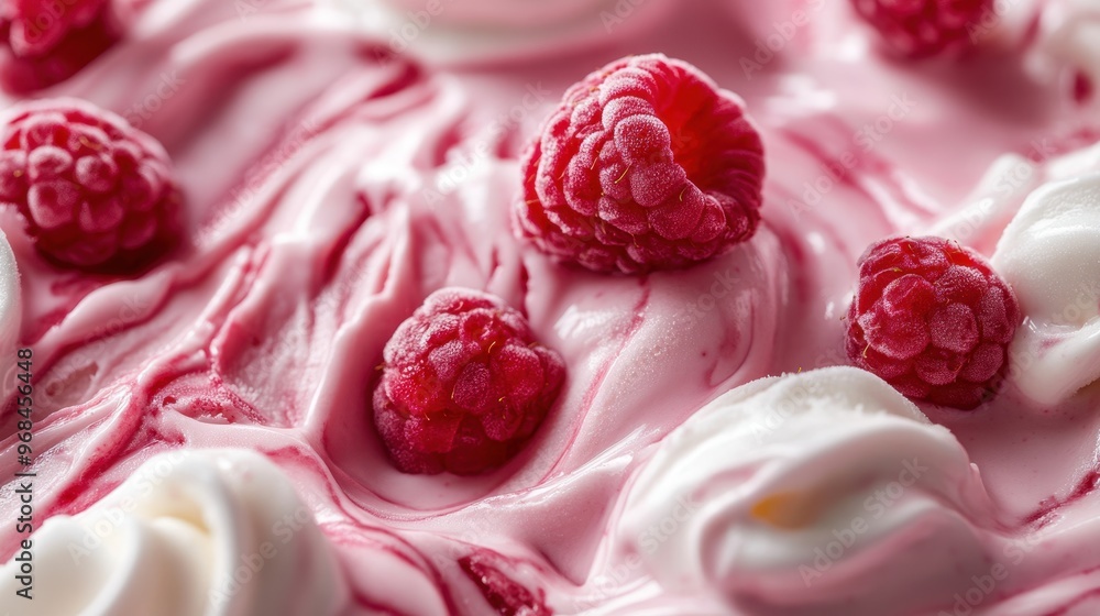 A close-up of raspberry cream in swirls on top, with delicate white peaks and fresh raspberries scattered throughout the ice cream, creating an attractive visual appeal. A close-up of raspberry cream in swirls on top, with delicate white peaks and fresh raspberries scattered throughout the ice cream, creating an attractive visual appeal.