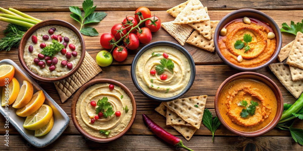 Various hummus in ceramic bowls on wooden table with crackers and cut vegetables , Mediterranean, healthy, appetizer Various hummus in ceramic bowls on wooden table with crackers and cut vegetables , Mediterranean, healthy, appetizer