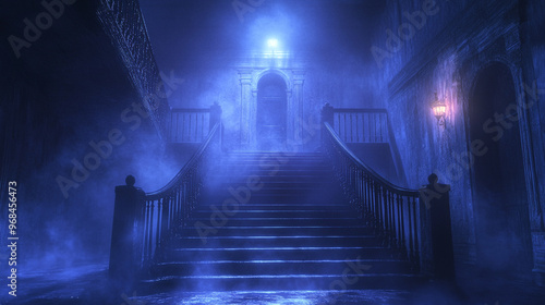 Eerie staircase illuminated by blue light, creating a haunting atmosphere. Perfect for horror themes and spooky stories.