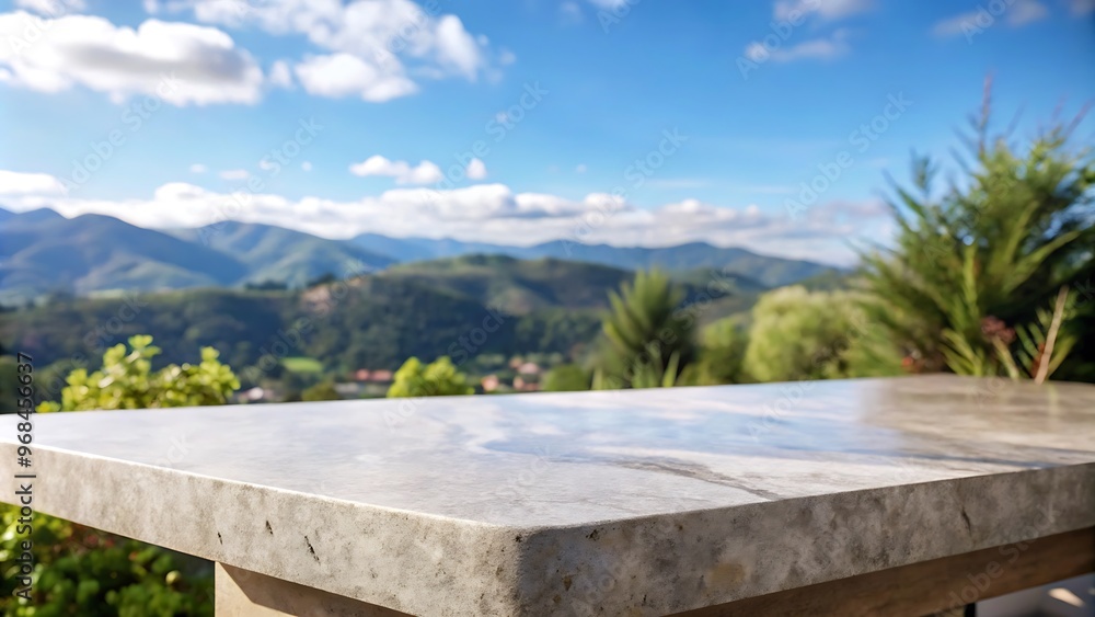 Empty stone or marble tabletop or counter with display product with blured city, town, outdoor background. Display product background concept. Empty stone or marble tabletop or counter with display product with blured city, town, outdoor background. Display product background concept.