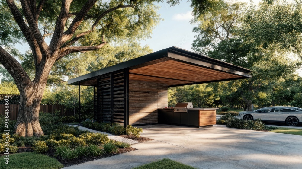 Modern Carport Transformation: Sleek Industrial Design with Compact Kitchen for Outdoor Entertaining Modern Carport Transformation: Sleek Industrial Design with Compact Kitchen for Outdoor Entertaining