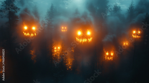 Spooky forest scene with glowing pumpkin faces emerging from the fog, creating an eerie Halloween atmosphere.