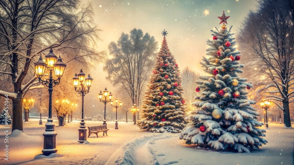 Winter Christmas card with snow-covered pine trees, fir trees and garlands with twinkling lights against a starry night sky for greetings and invitations Winter Christmas card with snow-covered pine trees, fir trees and garlands with twinkling lights against a starry night sky for greetings and invitations
