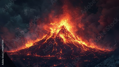 Erupting Volcano with Lava Flow and Smoke in Dramatic Night Sky