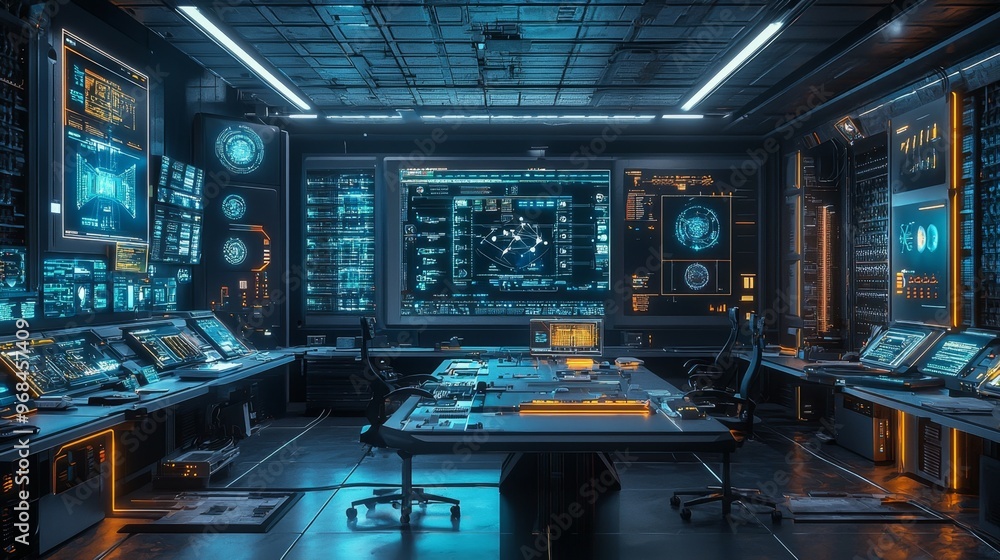 Futuristic Control Room with Monitors and Desk Futuristic Control Room with Monitors and Desk
