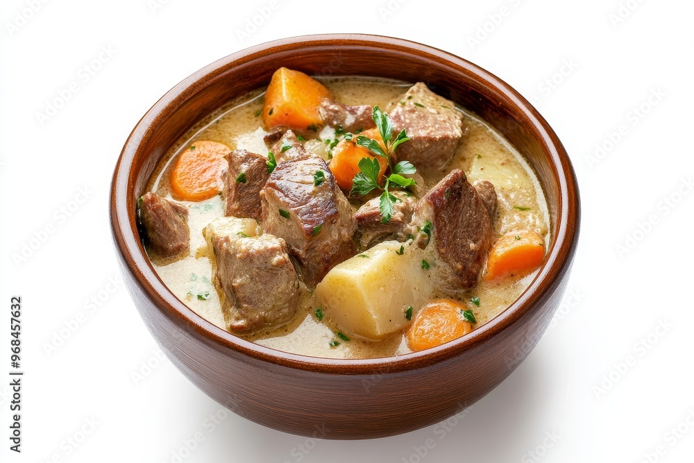 A hearty and comforting beef stew, simmered in a creamy sauce with tender chunks of beef, carrots, and potatoes. The stew is served in a rustic wooden bowl, perfect for a cozy meal on a chilly evening A hearty and comforting beef stew, simmered in a creamy sauce with tender chunks of beef, carrots, and potatoes. The stew is served in a rustic wooden bowl, perfect for a cozy meal on a chilly evening