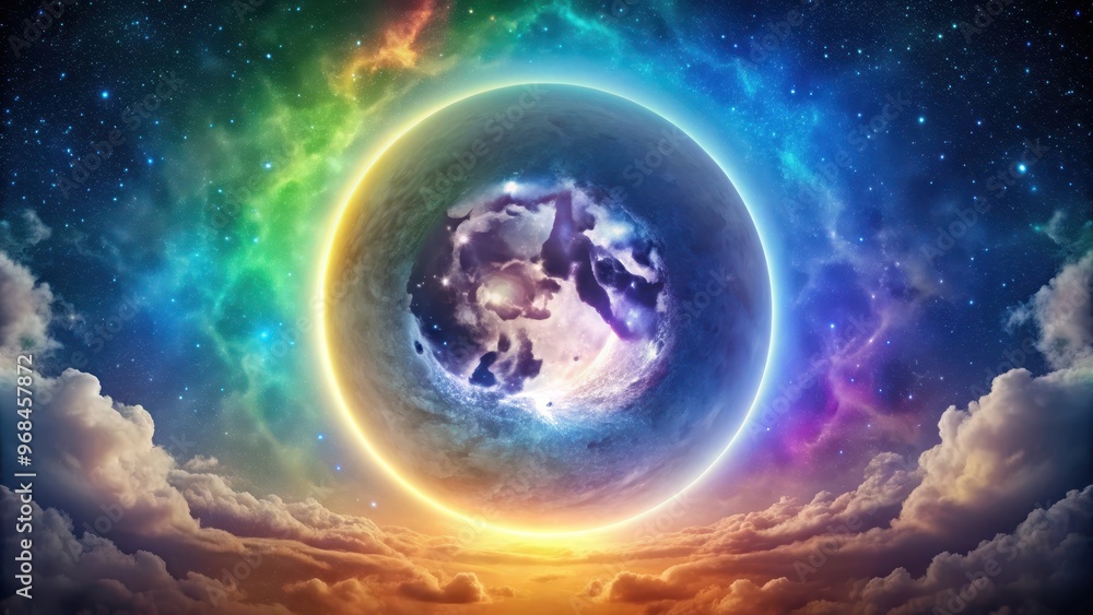 A stunning image of a moon surrounded by a bright and colorful halo in the night sky, moon, halo, space, night, sky A stunning image of a moon surrounded by a bright and colorful halo in the night sky, moon, halo, space, night, sky