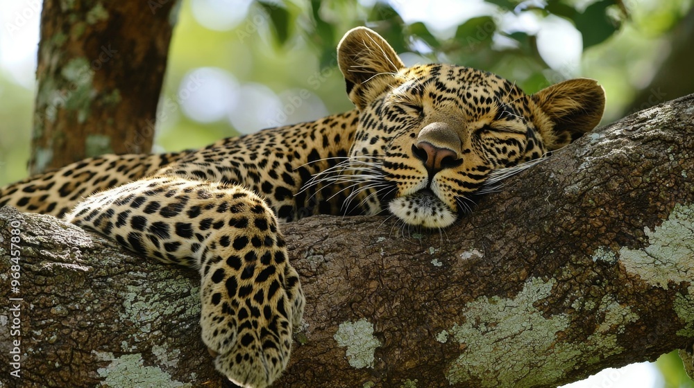 Sleeping Leopard on Tree Branch in African Savanna Sleeping Leopard on Tree Branch in African Savanna