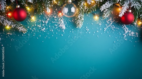 Merry Christmas and Happy New Year bright colorful composition. Xmas background with festive decorative elements. Festive banner and web poster, greeting card, flyer and brochure