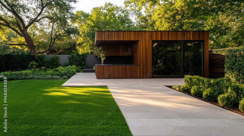 Modern Outdoor Kitchen Extension with Shera Wood Siding in a Lush Garden Modern Outdoor Kitchen Extension with Shera Wood Siding in a Lush Garden