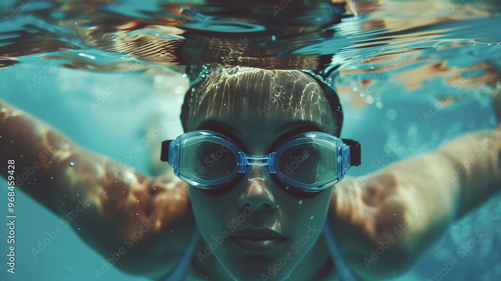 Naklejka premium Underwater picture of a female swimmer in a swimsuit and goggles training in a swimming pool.