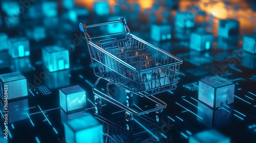 Digital Shopping Cart with Glowing Cubes photo