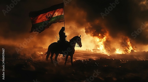 Palestine Flag Silhouette Rider on Horse photo