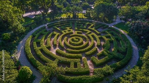 Aerial View of a Circular Green Hedge Maze in a Park