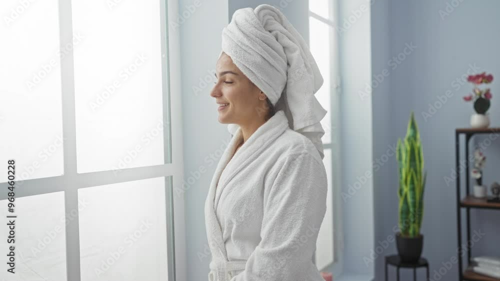 Hispanic woman in spa with terry cloth robe and towel on head looking out the window in a serene indoor beauty center Hispanic woman in spa with terry cloth robe and towel on head looking out the window in a serene indoor beauty center