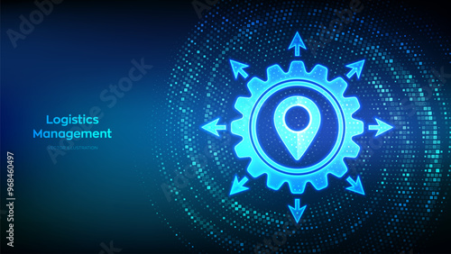 Logistics management icon made with binary code. Smart logistics and transportation. Logistic global network distribution. Digital code background with digits 1.0. Vector Illustration.