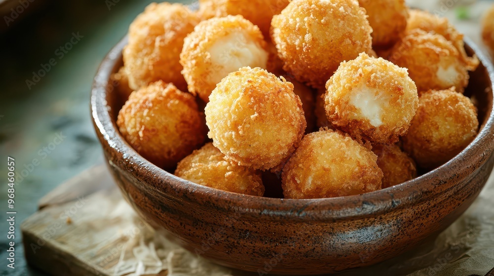 Close-up of a pile of crispy golden cheese balls with a slight sheen, served in a rustic ceramic bowl, crispy fried cheese balls, comfort food, artisanal presentation Close-up of a pile of crispy golden cheese balls with a slight sheen, served in a rustic ceramic bowl, crispy fried cheese balls, comfort food, artisanal presentation