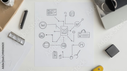 A minimalist, single-line pen illustration of a business model, showcasing a central hub connected to various components representing different aspects of a company, such as marketing, sales, operatio photo