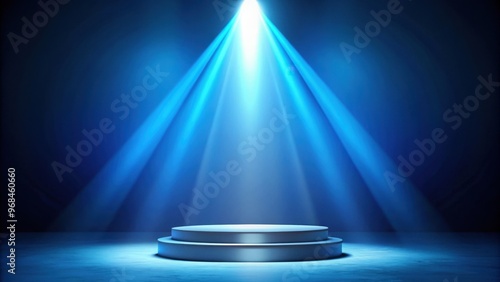 Spotlight shining on pedestal and light ring in blue space, spotlight, pedestal, light ring, blue background