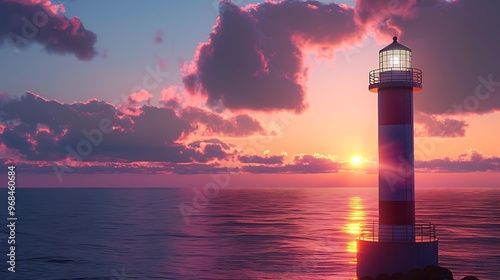 Majestic lighthouse standing tall by the coast, illuminated by the soft pink tones of a sunset, with the serene ocean in the background