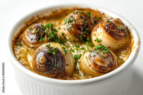 A mouthwatering image of escargot ragout, showcasing the classic French dish with snails cooked in a rich, creamy sauce. The dish is presented in a white ramekin, garnished with fresh parsley, highlig