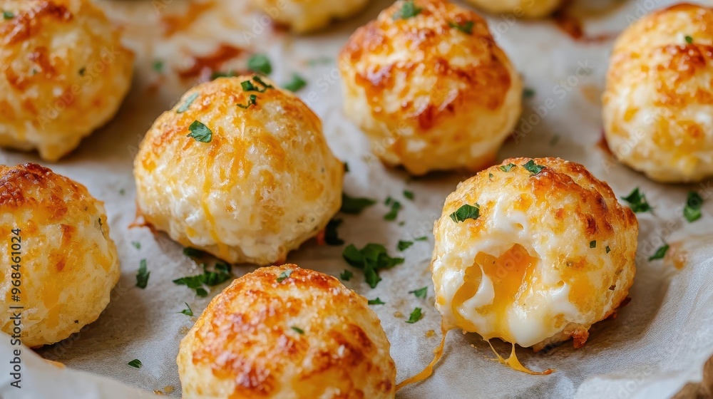 Close-up of crispy golden cheese balls on parchment paper, glistening with melted cheese, sprinkled with fresh herbs, crispy fried cheese balls, gourmet snack, food photography Close-up of crispy golden cheese balls on parchment paper, glistening with melted cheese, sprinkled with fresh herbs, crispy fried cheese balls, gourmet snack, food photography