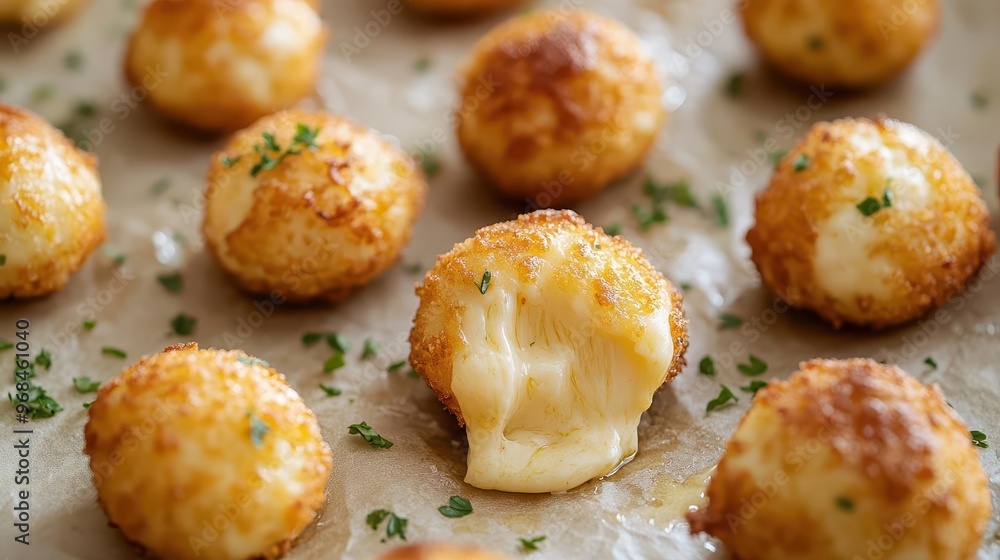 Close-up of crispy golden cheese balls on parchment paper, glistening with melted cheese, sprinkled with fresh herbs, crispy fried cheese balls, gourmet snack, food photography Close-up of crispy golden cheese balls on parchment paper, glistening with melted cheese, sprinkled with fresh herbs, crispy fried cheese balls, gourmet snack, food photography