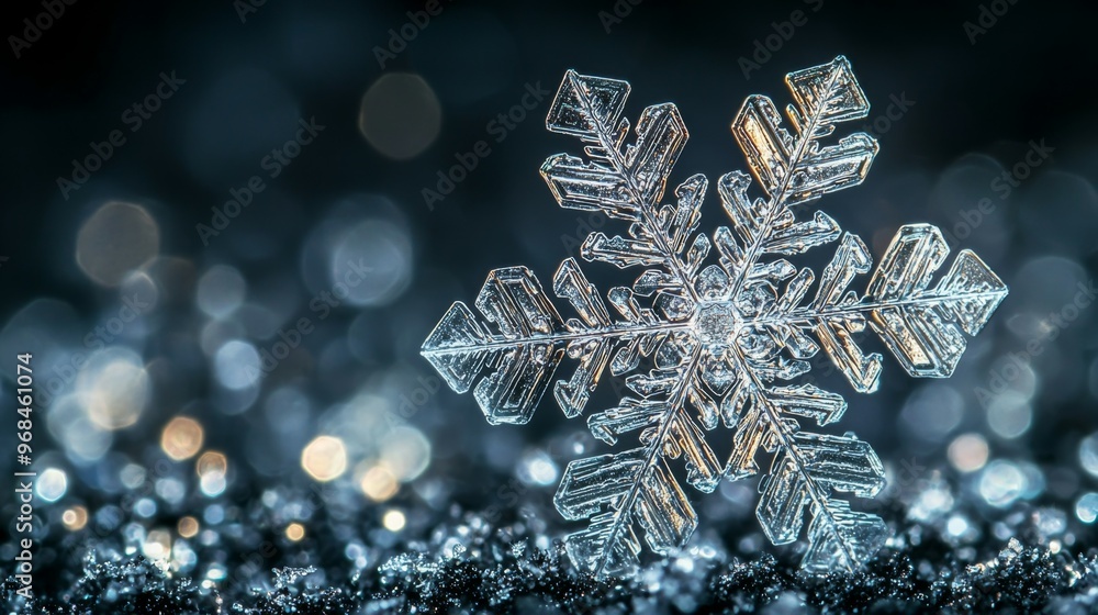 Macro Photography of a Single Snowflake on a Dark Background with Bokeh Lights Macro Photography of a Single Snowflake on a Dark Background with Bokeh Lights