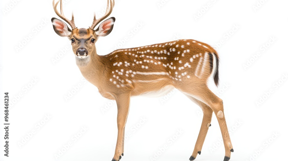 Naklejka premium Spotted Deer with Antlers Standing on White Background