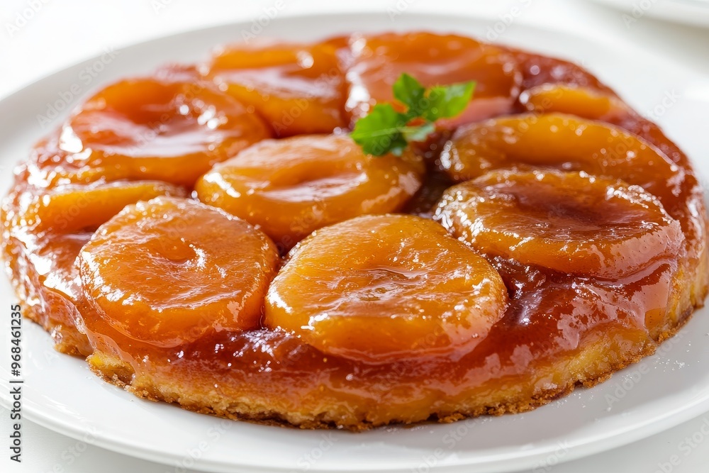 A mouthwatering Tarte Tatin, featuring caramelized apples arranged in a beautiful pattern, atop a golden pastry crust. The glossy caramel sauce creates a tempting visual, while the delicate parsley sp A mouthwatering Tarte Tatin, featuring caramelized apples arranged in a beautiful pattern, atop a golden pastry crust. The glossy caramel sauce creates a tempting visual, while the delicate parsley sp