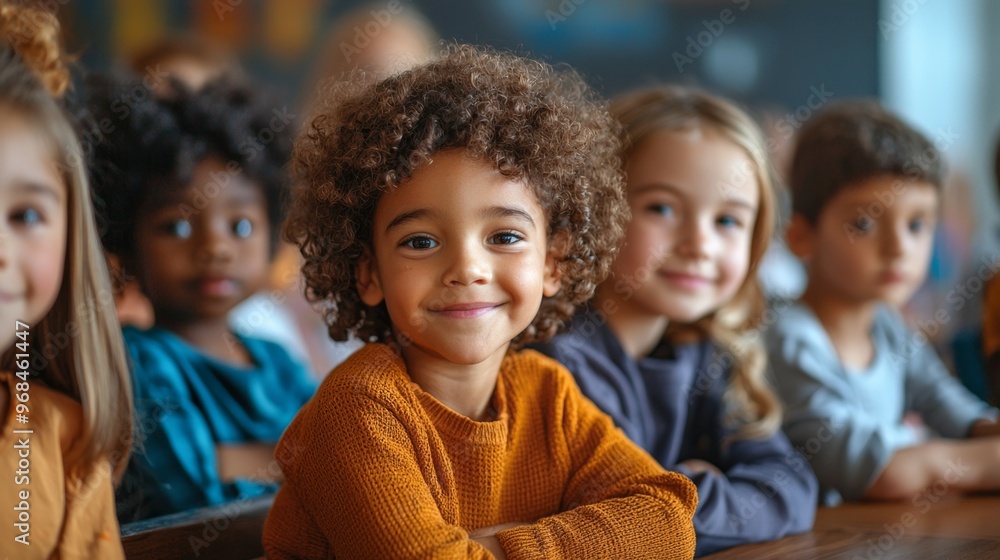 Cute Diverse Children Smiling Together In Classroom Cute Diverse Children Smiling Together In Classroom